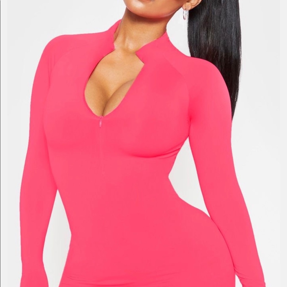 “Hot Pink Slinky Long Sleeve Zip Up Bodycon Dress”